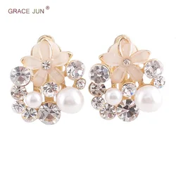 Top Quality Rhinestone Opal Flower Simulated Pearl Water Drop Shape Clip on Earrings No Pierced for Women Fashion Bride Ear Clip