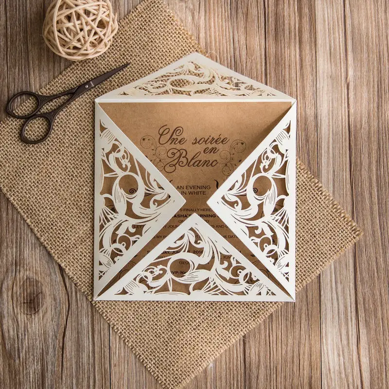 White Lace Wedding Invitation with Rustic Invitation Cards Kraft Paper Invites - set of 50 pcs