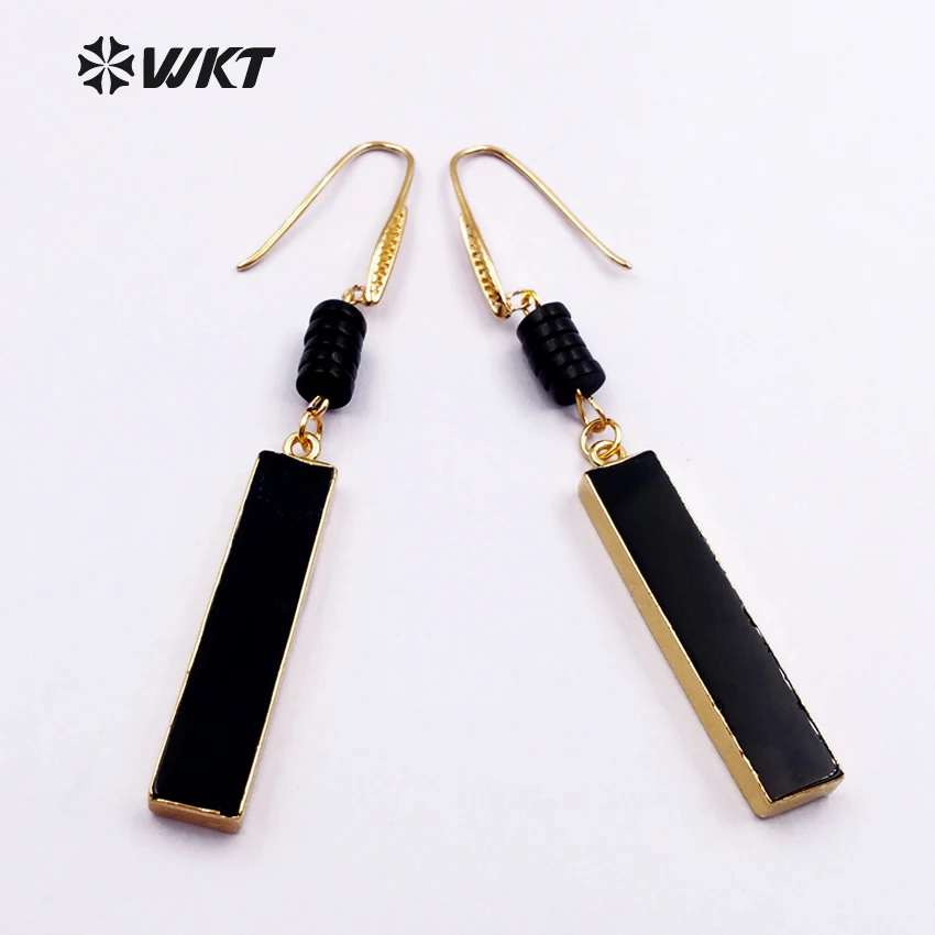 

WT-E422 Exclusive Wholesale Trendy Natural BLack Rectangle Earrings With Gold Strim Fashion Long Drop Design Jewelry for Women