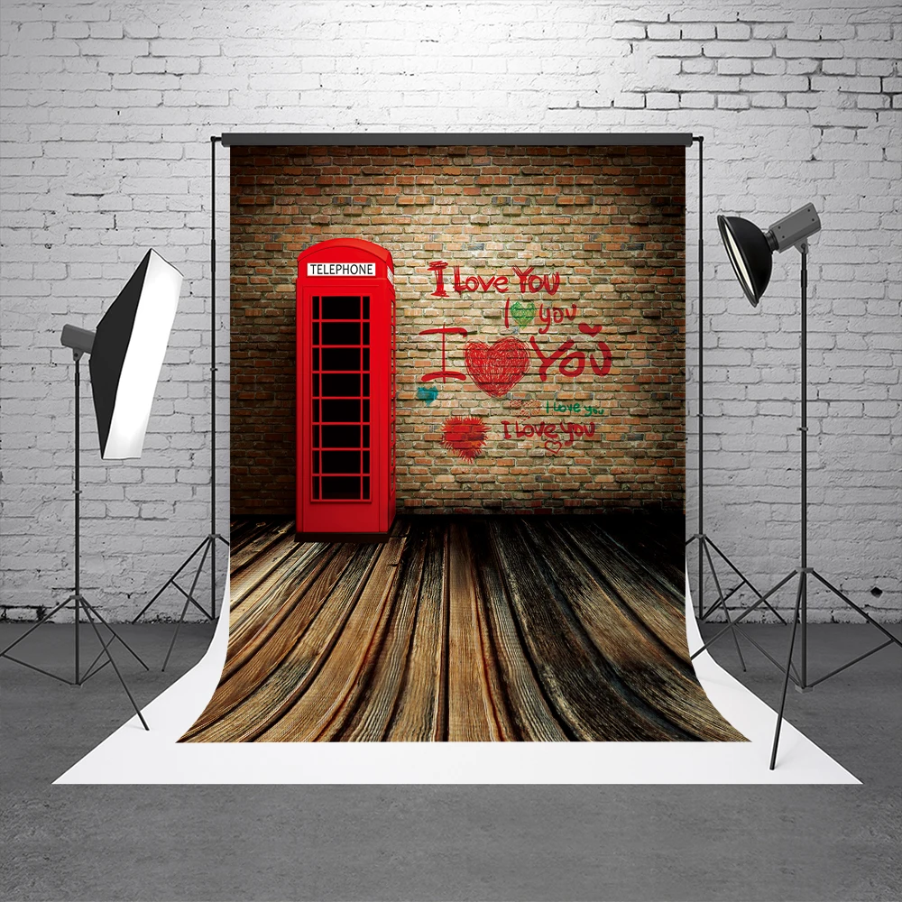 

VinylBDS Brick Wall Photography Background Wood Flooring Background For Photo Studio LOVE Telephone Plank Valentine Day Backdrop