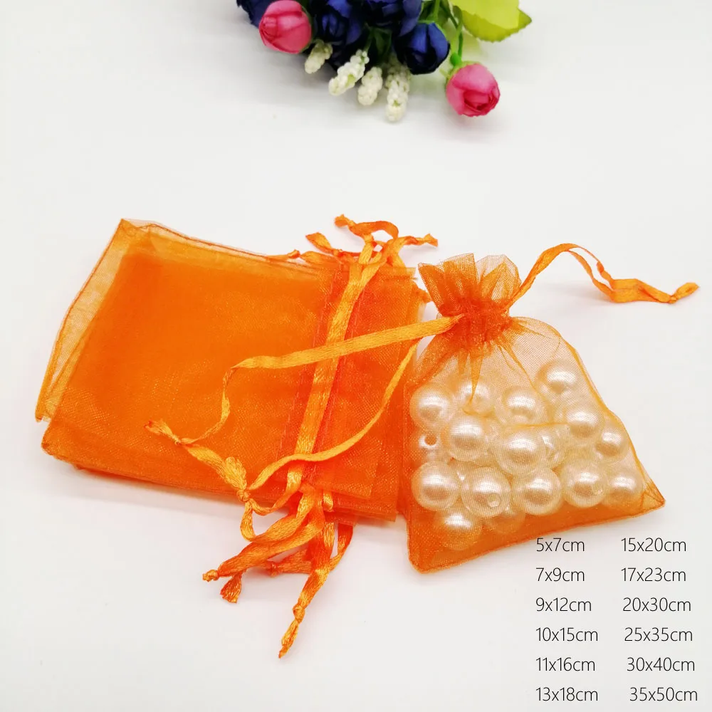 1000pcs Designer Orange Organza Drawstring Bags Gift Pouch Wedding Party Favors Christmas Sachet Packaging Displays Wholesale