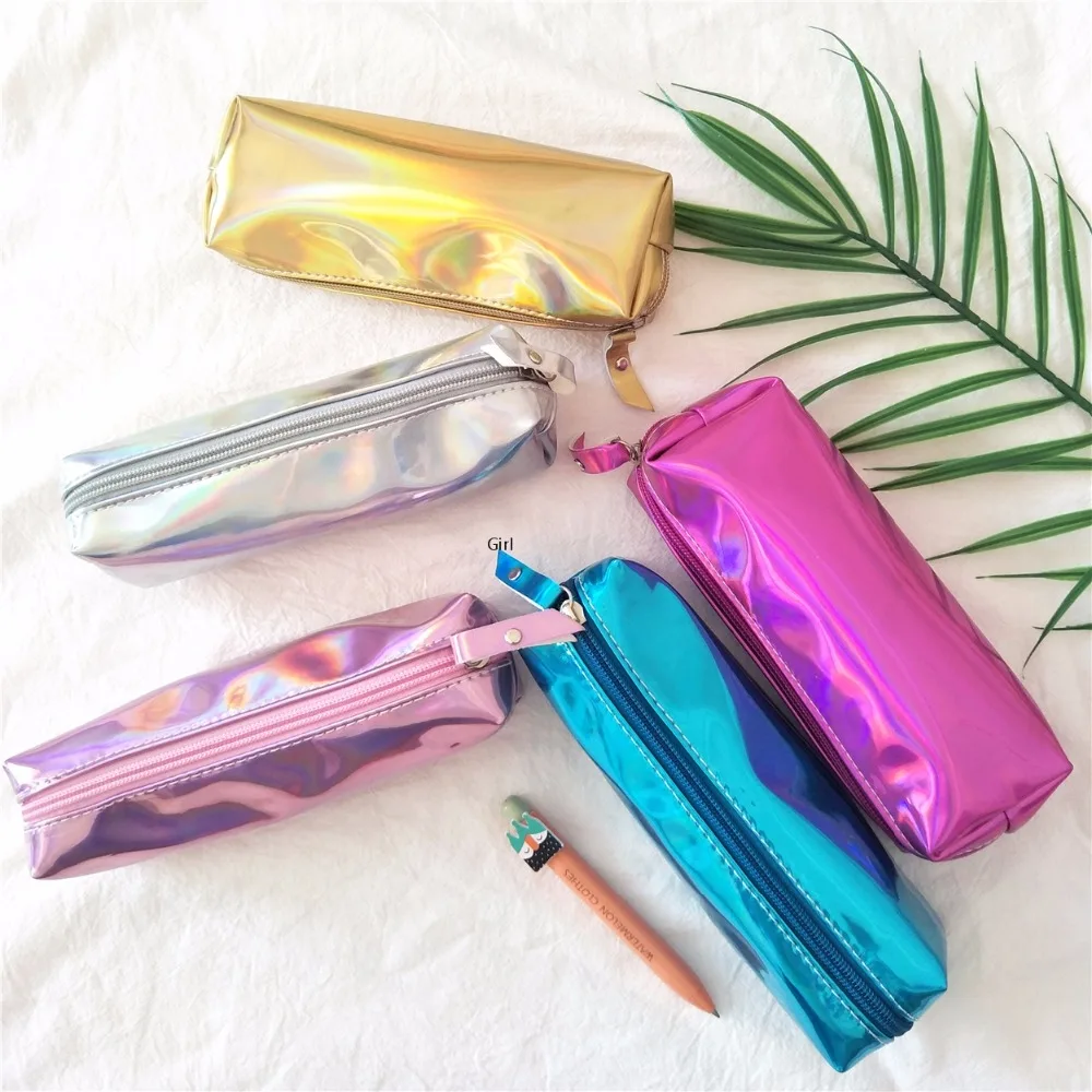 Fashion Holographic Laser Metallic Color Pu Leather Pencil Case Purse Cosmetics Storage Pen Bag School Office Supply Pencilcase