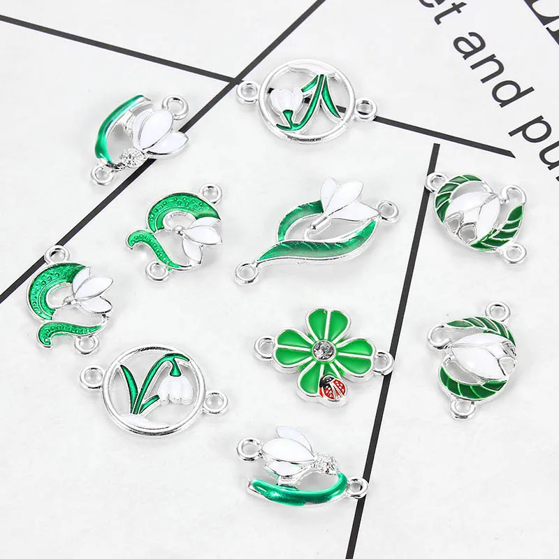 10PCS Mixed Style Enamel Green Plant Flower Leaf Charms Connector For Women Girls DIY Necklace Bracelet Jewelry Accessories