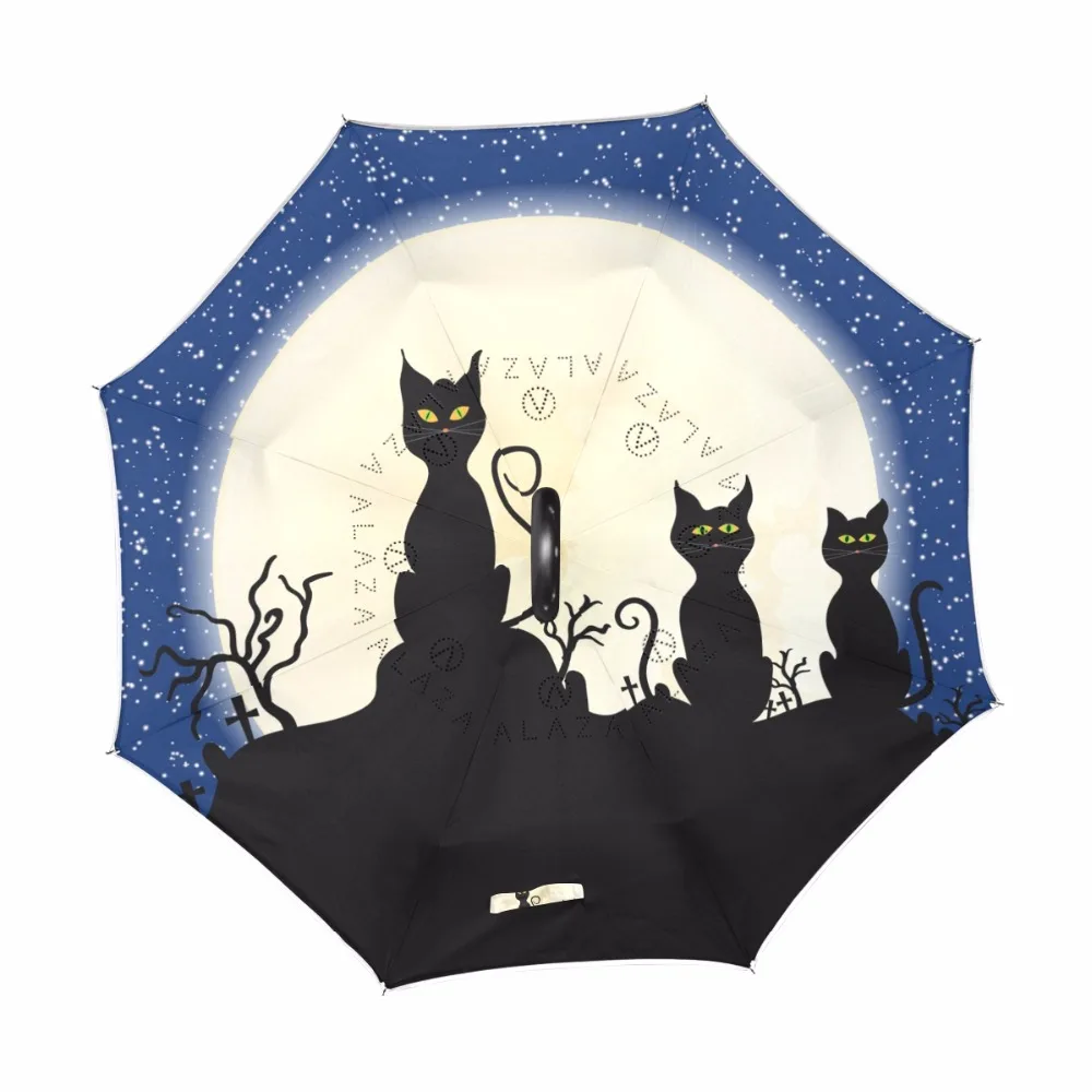 Night Sky Milky Way Moon Cat Windproof Reverse Umbrella Male Double Layer Inverted Self Stand Rain Umbrella For Car Parapluie