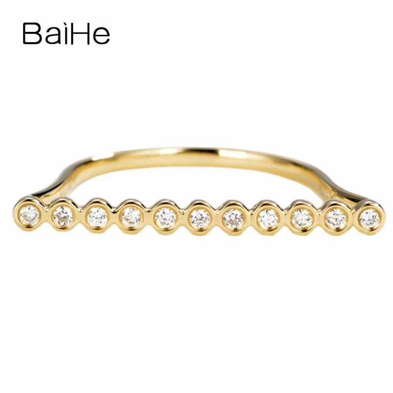 BAIHE Solid 14K Yellow Gold 0.11CT/0.27ct H/SI Natural Diamond Bezel Row Set Ring Women Party Trendy Fine Jewelry Anel diamante