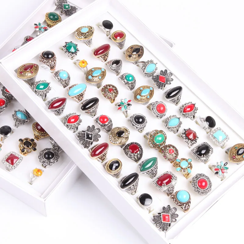 Wholesale 50pcs/Lots Mix Style Antique Silver Vintage Jewelry Huge Natural Stone Rings For Man Women