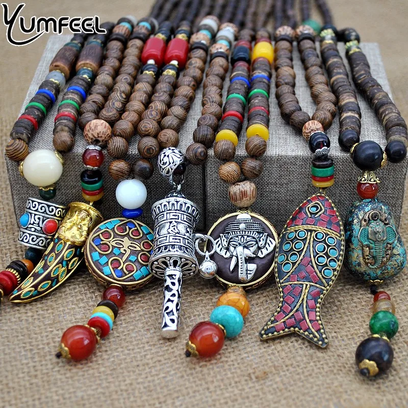 Yumfeel Handmade Nepal Necklace Buddhist Mala Wood Beads Pendant & Necklace Ethnic Horn Fish Long Statement Jewelry Women Men