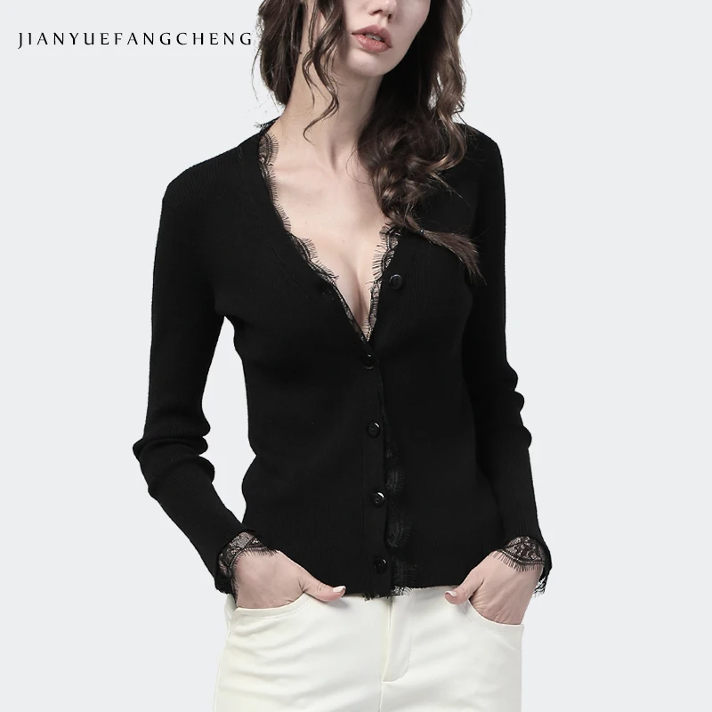 New 2022 Autumn Sexy Black Slim Short V-neck Knitted Sweater Long Sleeve Single-breasted Cardigan Female Tops With Lace Trims