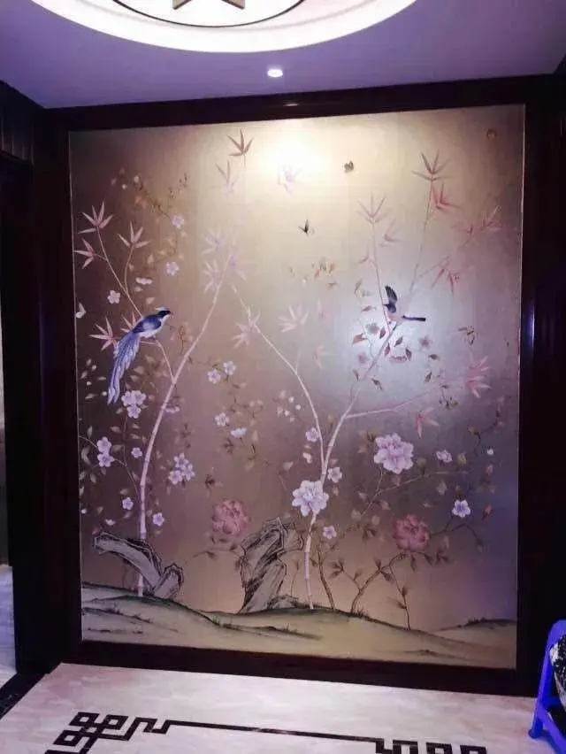 Luxurious Hand painted gold foil wallpaper painting flowers with birds HAND PAINTED wallpaper many arts/background optional