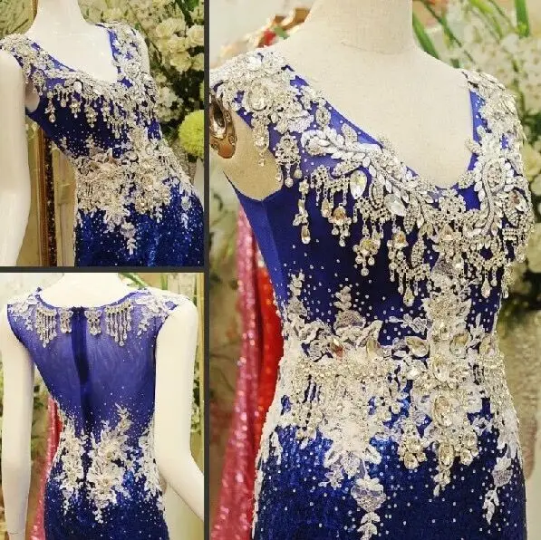 

Custom Made Mermaid Blue V-neck Sequins Tulle Crystal Beaded Diamond Luxury Sexy Evening Dresses 2021 New Party Gowns Dress JO11