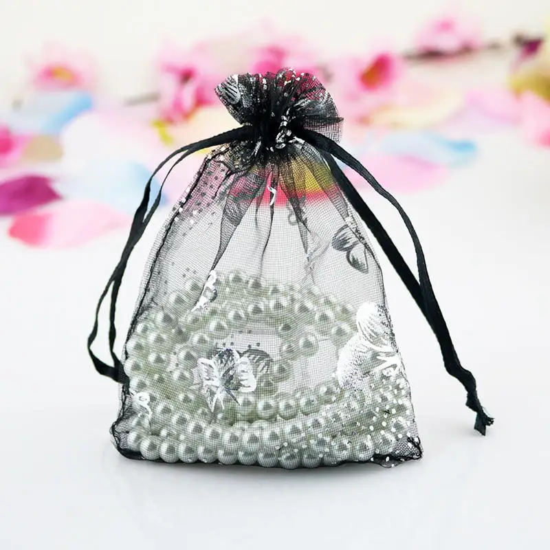 

Wholesale 100pcs/lot Butterfly Print Black Organza Bags 7x9cm Small Charms Jewelry Packaging Bag Wedding Organza Gift Pouch Bag