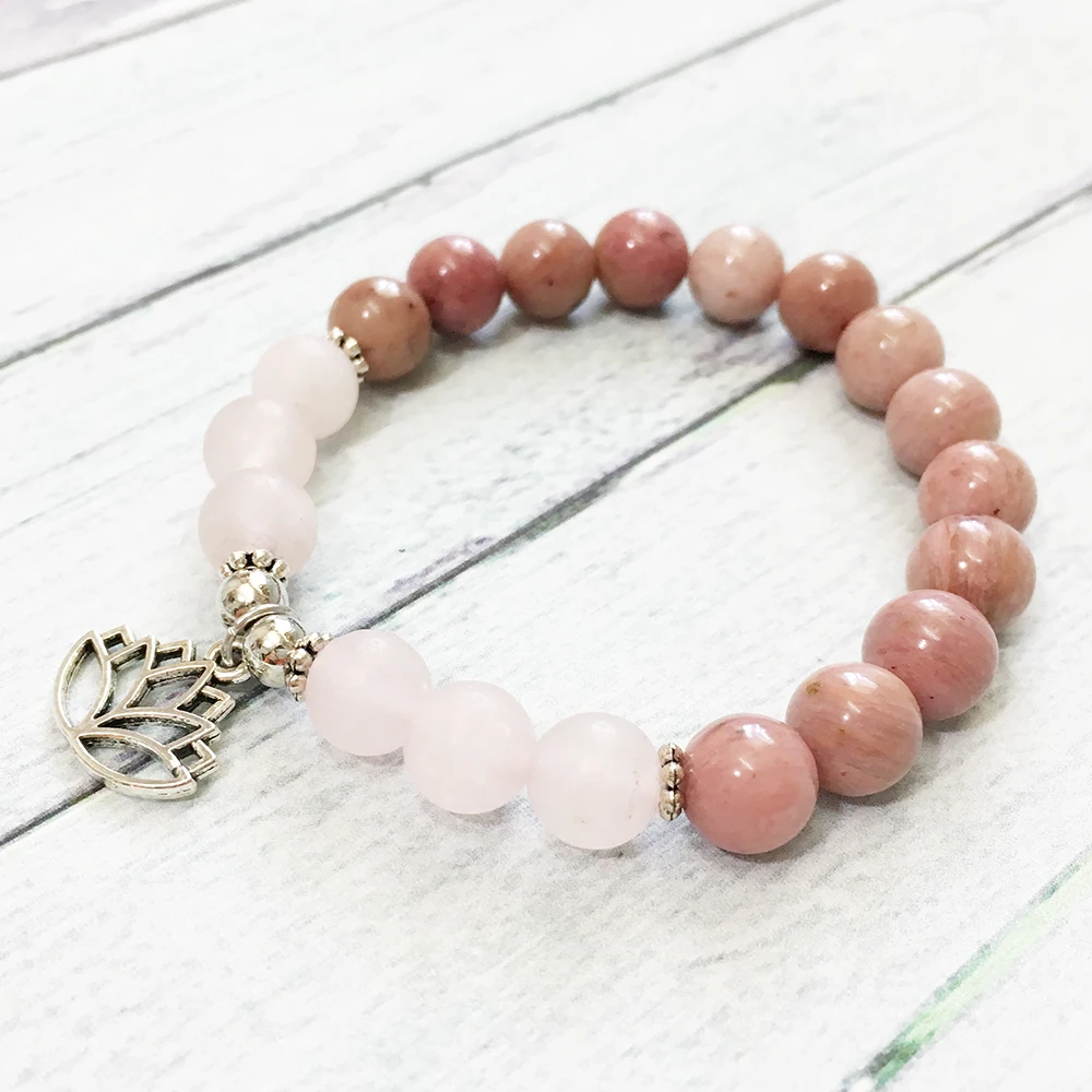 Ruberthen New Arrivals Design Girls Bracelet 8 mm Rhodonite Matte Rose Quartz Bracelet Lotus Chram Yoga Balance Jewelry