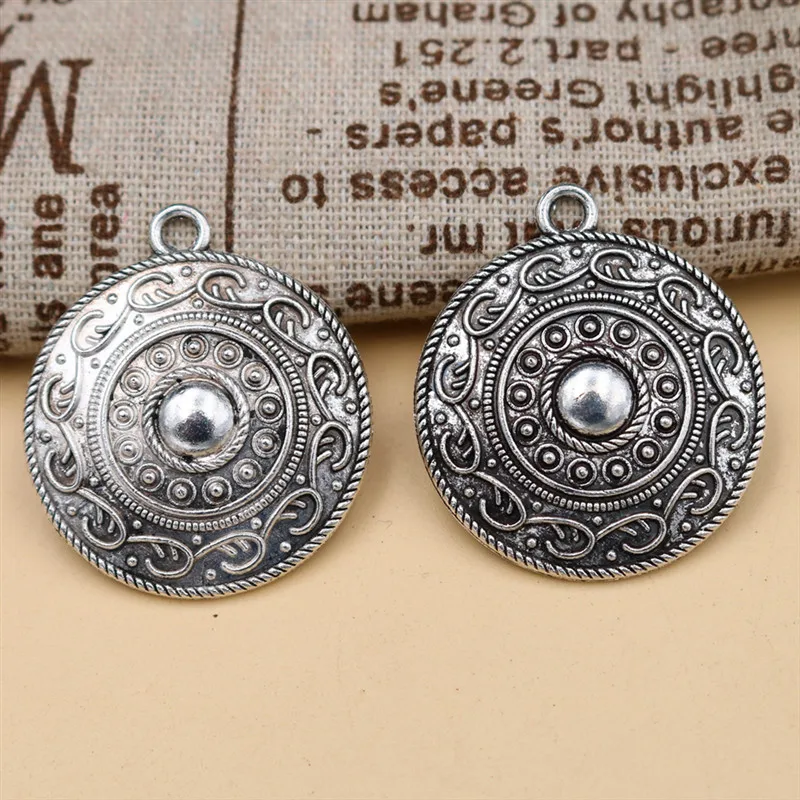 WKOUD 4pcs Silver Color Retro Round Shield Charm Alloy Pendant Metal Necklace Bracelet DIY Jewelry Handmade A1520