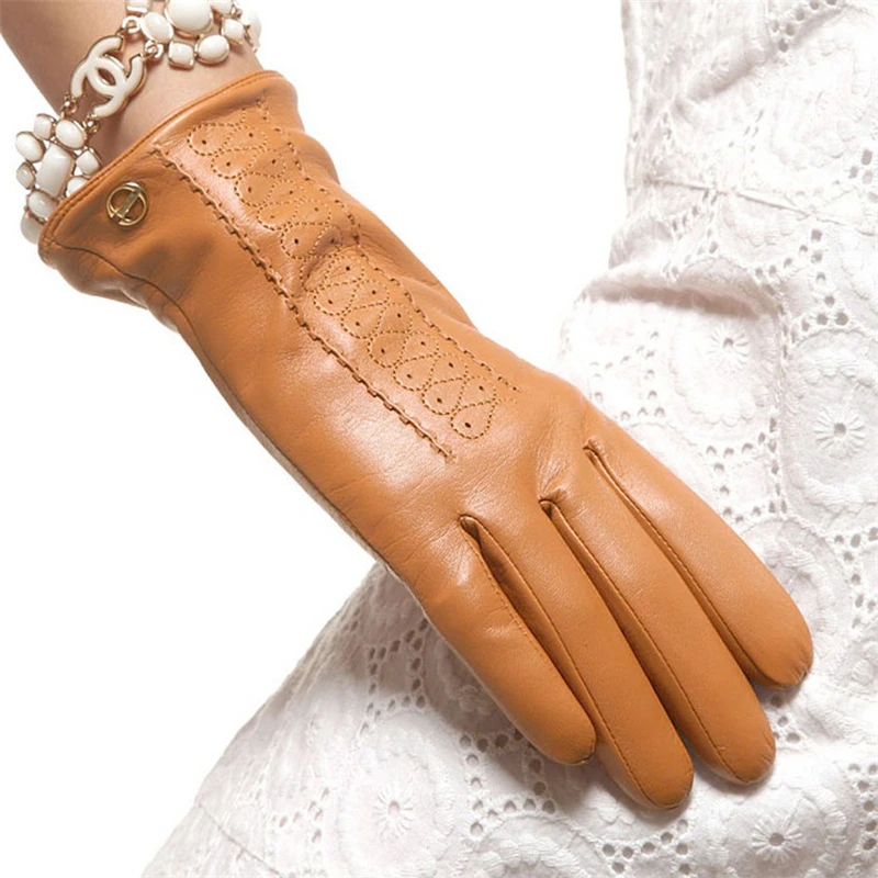 Gants d\'hiver à la mode pour femmes, en cuir véritable, solide, noir, en peau de mouton, Promotion, livraison gratuite, EL001NR-5