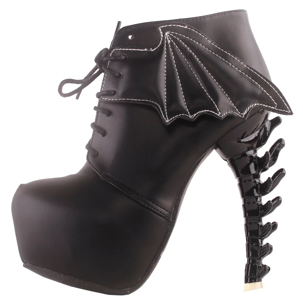 LF80658 Show Story Punk Two Tone Wings Lace Up Bone Heels Platform Ankle Boots