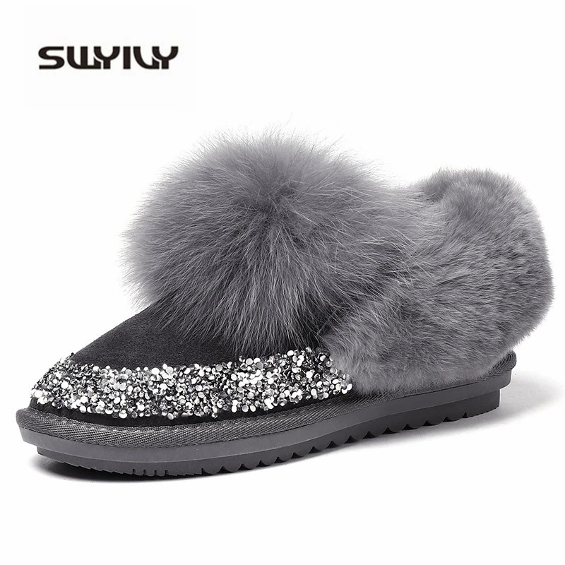 SWYIVY Shoes Women Snow Boots 2019 Woman Winter Boots Rabbit Fur Warm Velvet Casual Shoes Black Female Sequins Slip On Winter