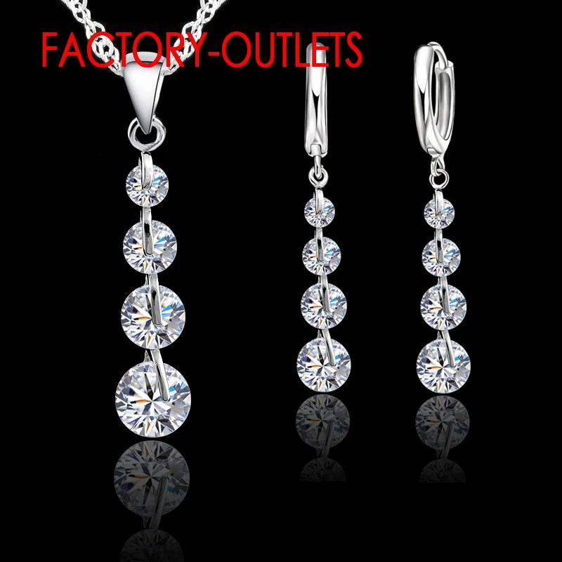 925 Silver Needle Pendant Necklaces Hoop Earrings Set  Fashion Jewelry Round CZ Crystal Women Girls Engagement Anniversary