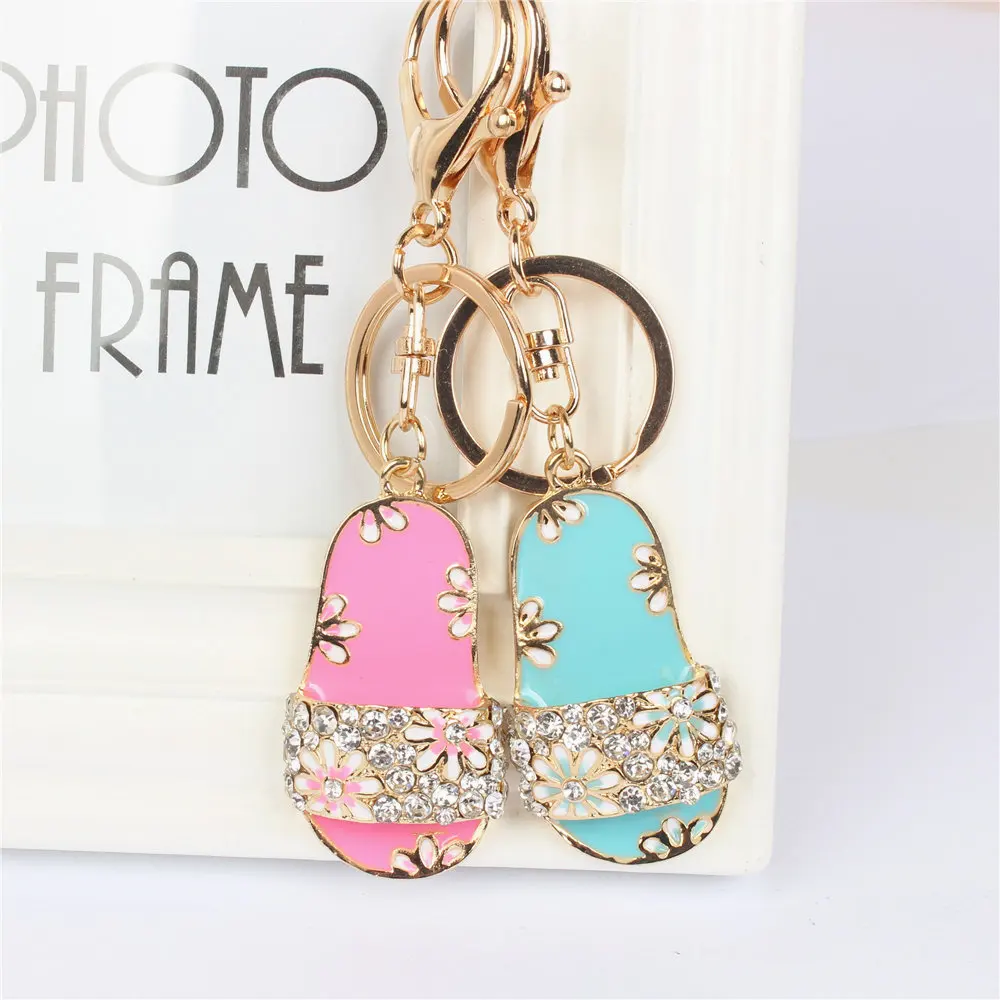 Flip-Flops Slipper Shoe Pendant Charm Rhinestone Crystal Keyring Key Chain for Purse Bag Carkey Wedding Girl Lover Gift