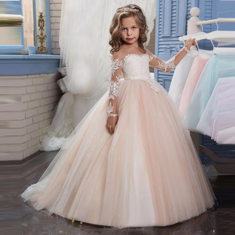 Transparent Lange Ärmeln Heiligen Kommunion Kleider Teen Kostüm kinder Kleidung Party Baby Blume Mädchen Ballkleid Prinzessin Kleid