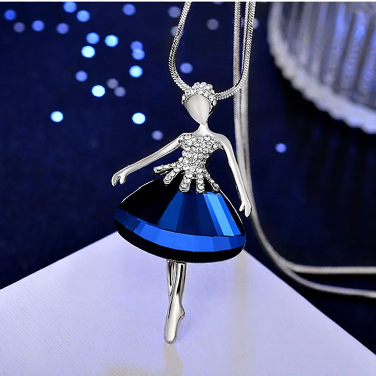 BYSPT Romanic Dancer Pendant Necklace Silver Color Blue Gray Crystal Ballet Dancing Girl Collar Necklace Fairy Jewelry