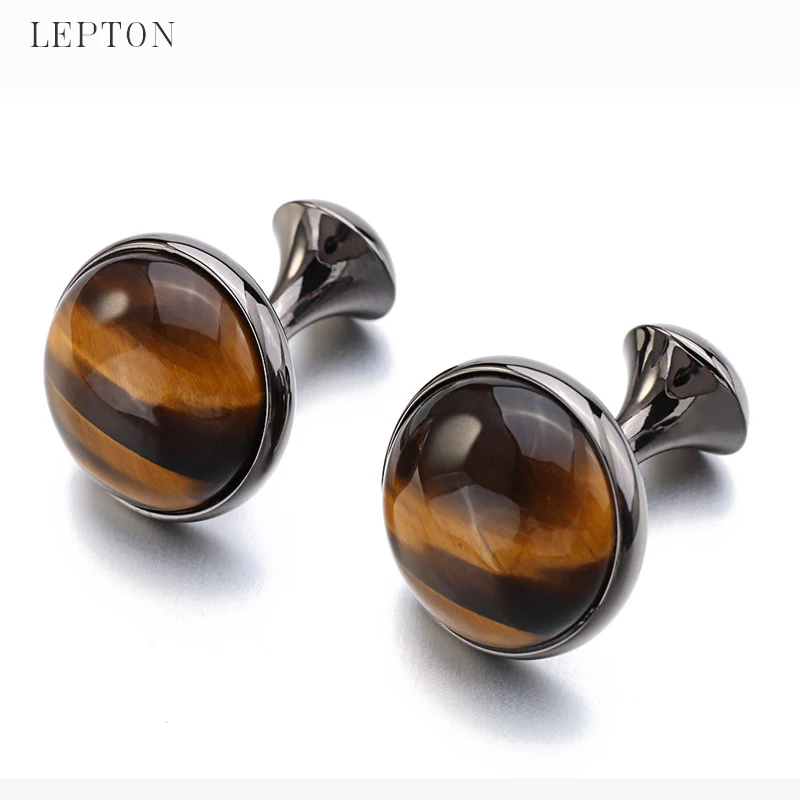 Low-key Luxury Tiger-eye Stone Cufflinks for Mens Lepton High Quality Round Tigereye Stone Cuff links Relojes gemelos Best Gift