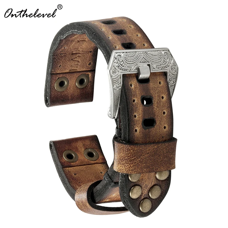 Onthelevel Classical Soft Leather Watch Strap With Rivets 18mm 20mm 22mm Vintage Watchband With Carved Buckle #C