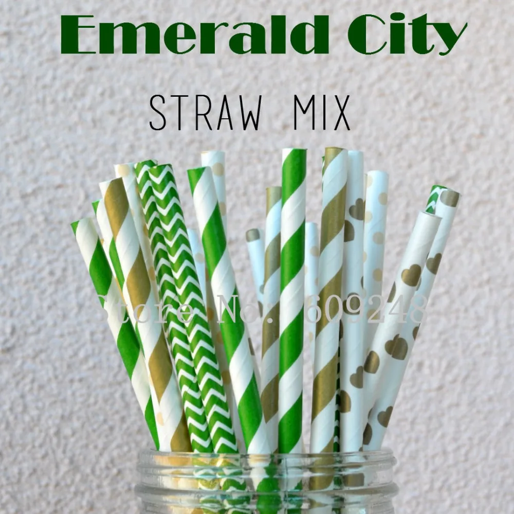 100 Pcs Mixed Colors Emerald City Paper Straws,Green and Gold Striped,Green Chevron,Gold Heart,Wedding Birthday Party Christmas