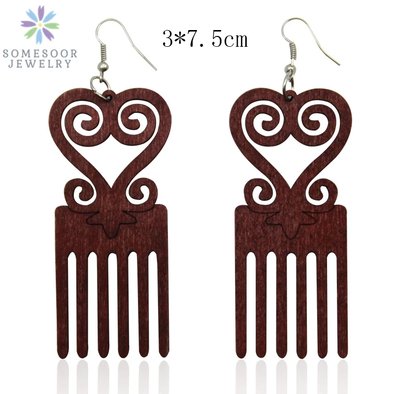 SOMESOOR African Symbol Comb Unfinshed Wooden Drop Earrings Afrocentric Ethnic Vintage Wood Dangle Jewelry For Black Women Gifts