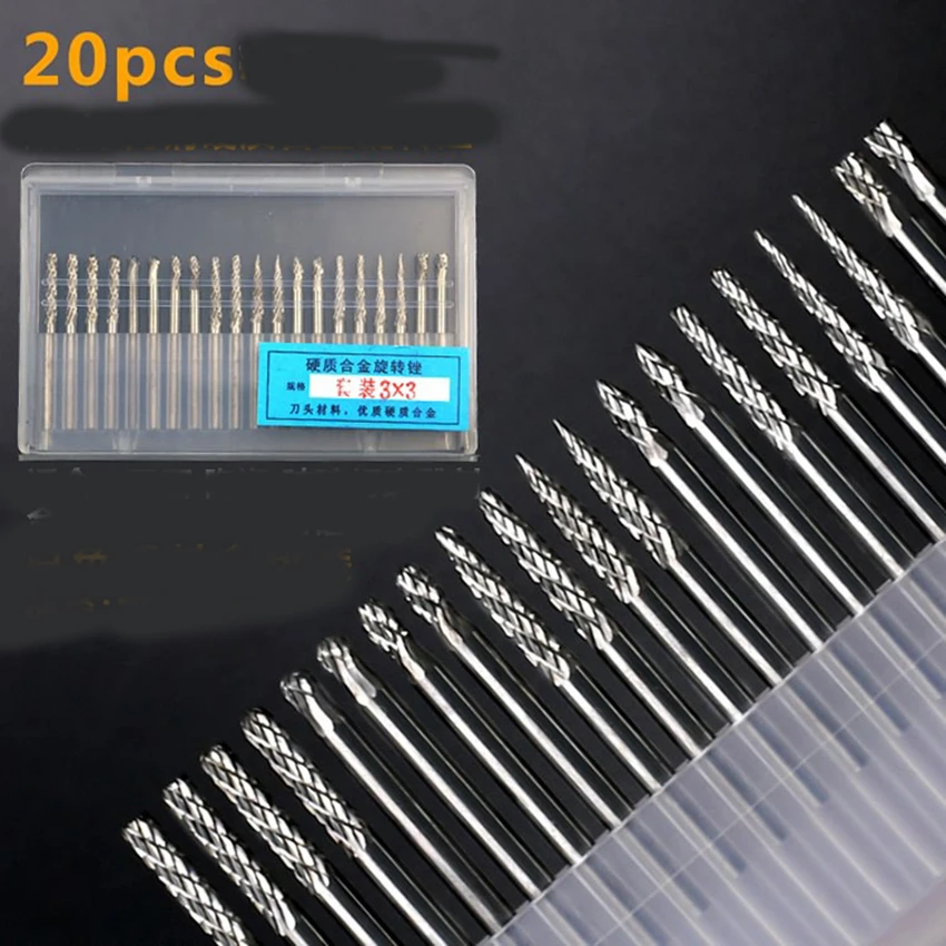 Tungstênio Aço Carboneto Rotary Arquivos, Fresa, Moedor Wind-Mill Acessórios, 3mm Handle, Rebarbação, Moagem Bit, 20pcs por conjunto