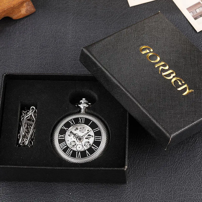 Silver Engraved Hand Wind Mechanical Pocket Watch For Men Women Vintage Steampunk Fob Skeleton Watch Male Roman Numerals Gift
