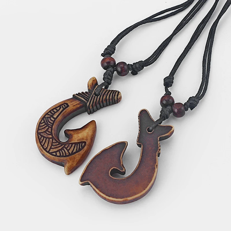 12pcs Brown Tribal Maori Fish-Hook Charms Pendants Black Wax Cord Surfer Necklace Boho Jewelry For Fashion Men Women