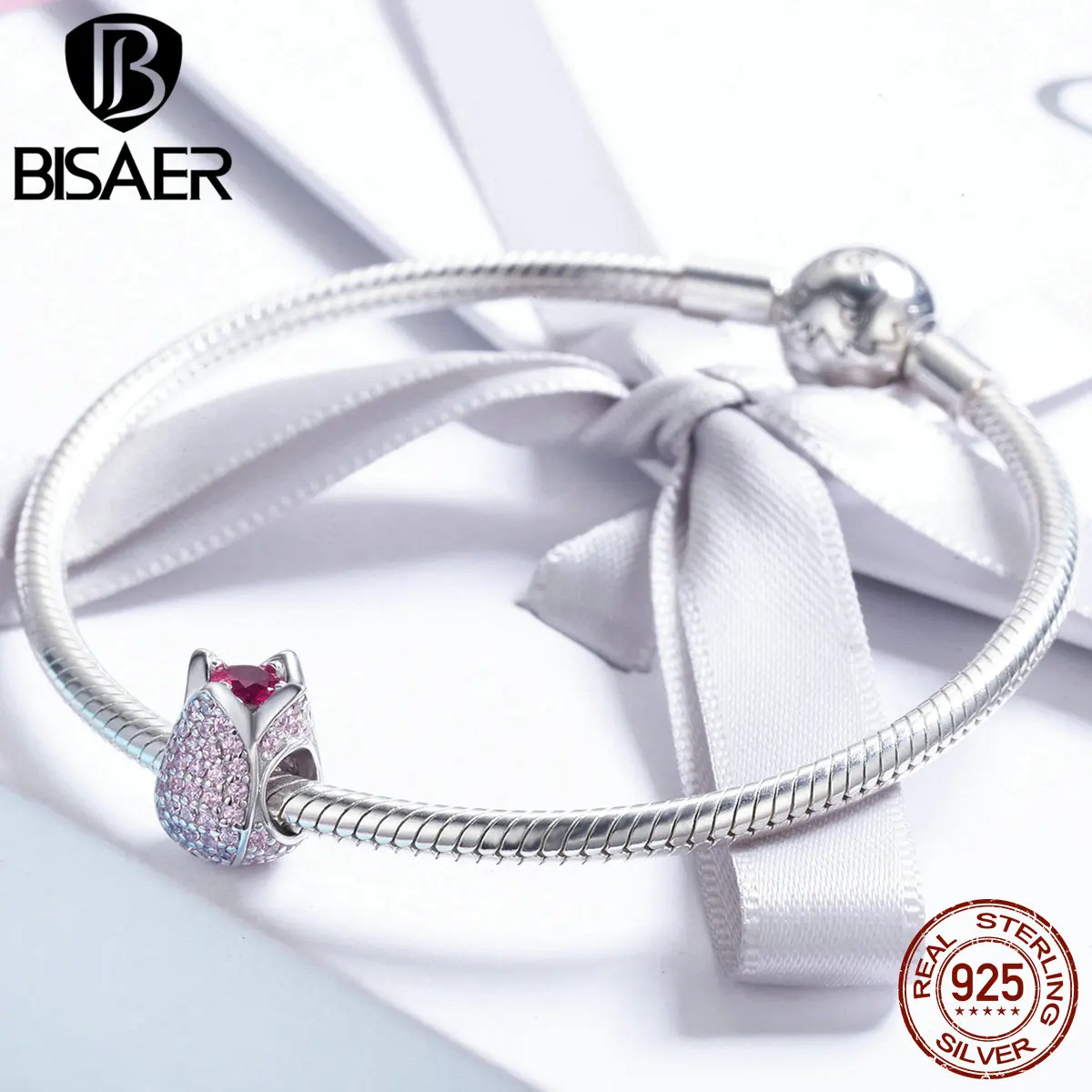 Genuine 100% 925 Sterling Silver Pink CZ, The Tulip Flower Petals Beads Fit Charms Silver 925 Original Bracelet Necklace