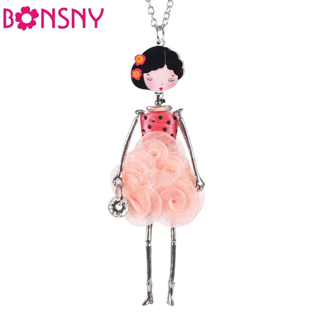 Bonsny French  Paris Doll Necklace Dress Flower Long Chain Alloy Doll Pendant Fashion Jewelry For Women 2017 News   Accessories