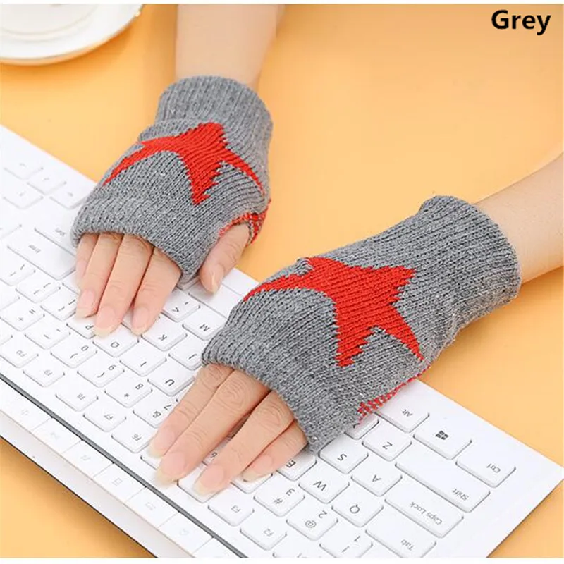 Winter Warm Women Boys & Girl\'s Students Gloves,Fashion Wild Wool Knitted 5 Star Fingerless Half Finger Gloves Children Gloves