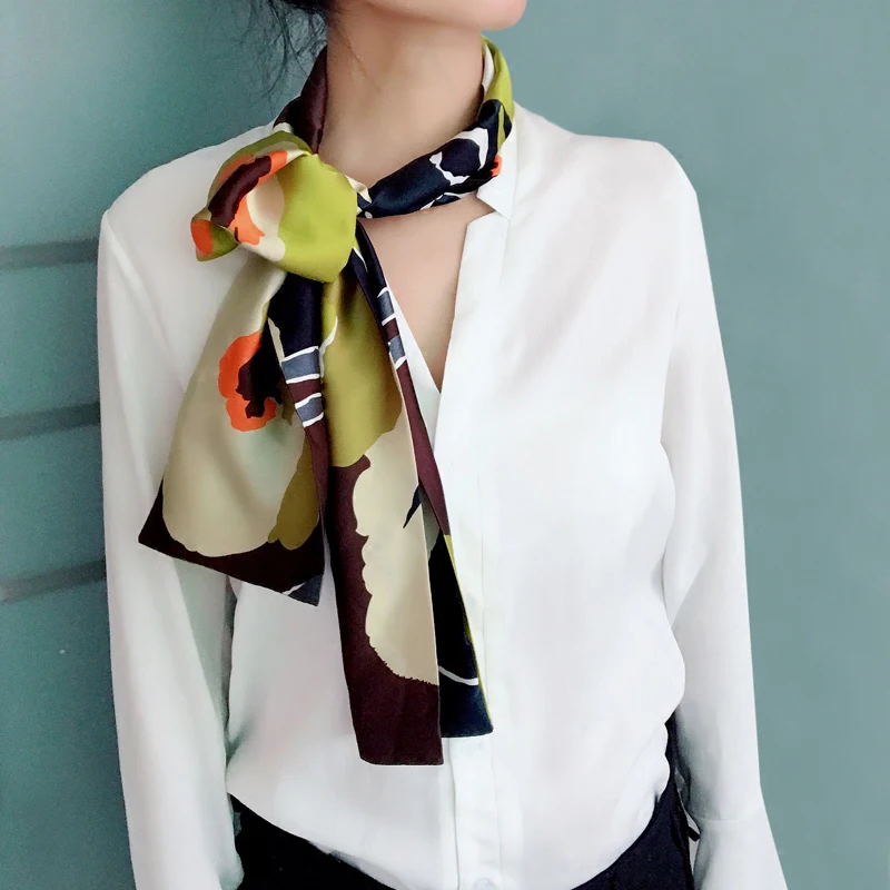 Spring NEW Narrow Long Silk Scarf For Girls Double Printing Fashionable Women Satin Tie Scarfs Women\'s Neckerchief 15cm*145cm