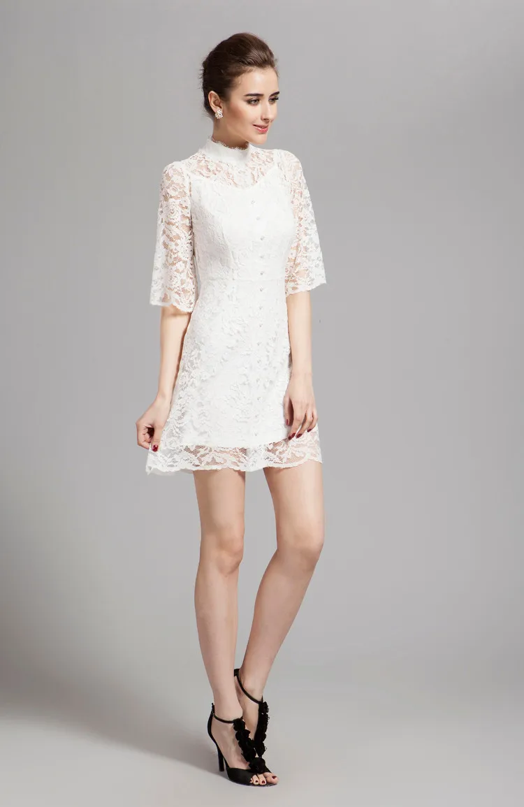 B0028 New High Neck Lace Button Two-piece Half Sleeves Short Evening Homecoming Prom Ball Women White Mini Dresses