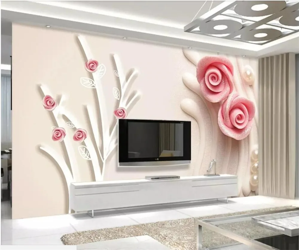 

beibehang Custom wallpaper mural 3d pink rose stereo photo wallpaper branches pearl jewelry 8d background wall paper 5d murals