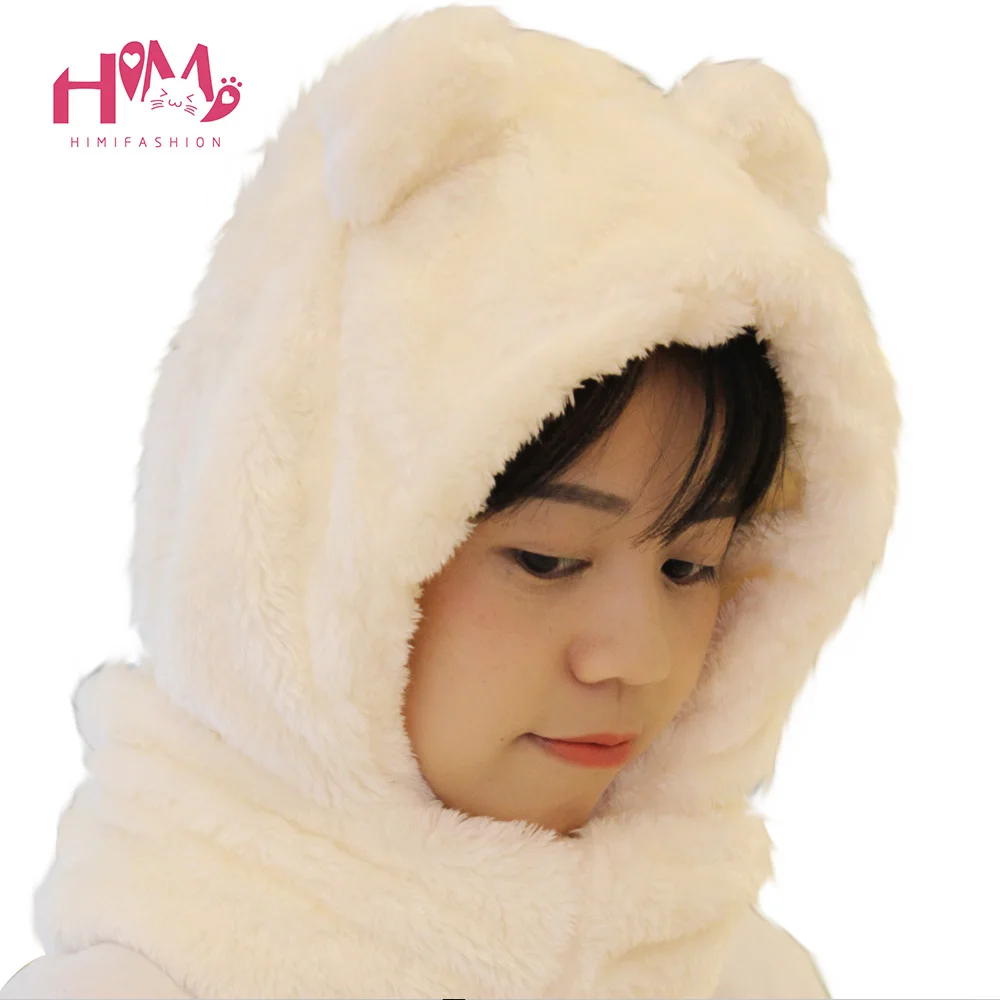 Winter Warm Headgear Feminine Thick Fabric Cute Bear Ear Fluffy Skullies Beanies Men Women Unisex White Hat Brown White Color