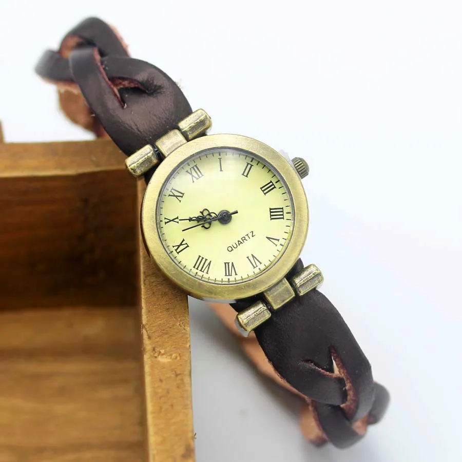 Shsby-Reloj de pulsera con correa de cuero para mujer, cronógrafo sencillo unisex, estilo romano vintage, de bronce