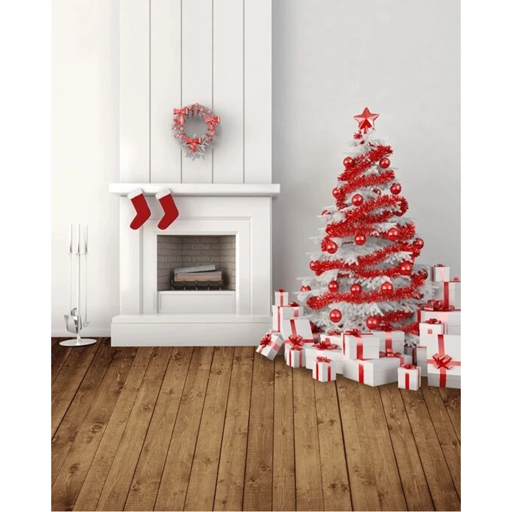 

Indoor White Wall Garland Fireplace Photo Backdrops Xmas Party Printed Christmas Tree Red Balls Gifts Kids Background Wood Floor