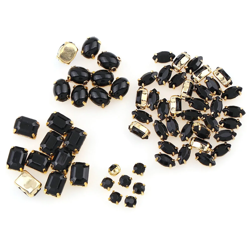 60Pcs Mixed Shape Black Resin Opal With Gold Base Copper Claw Stone Strass Diamond Stones For DIY Nail Art Decoration