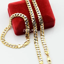 7mm Fashion Men's Women Cut Chains White Yellow Gold Color Curb Set Jewelry Bracelets Necklace Set