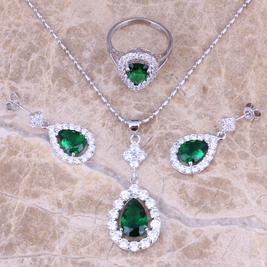 Green Cubic Zirconia Silver Plated Jewelry Sets Earrings Necklace Pendant Ring Size 5 / 6 / 7 / 8 / 9 / 10 / 11 / 12 S0838