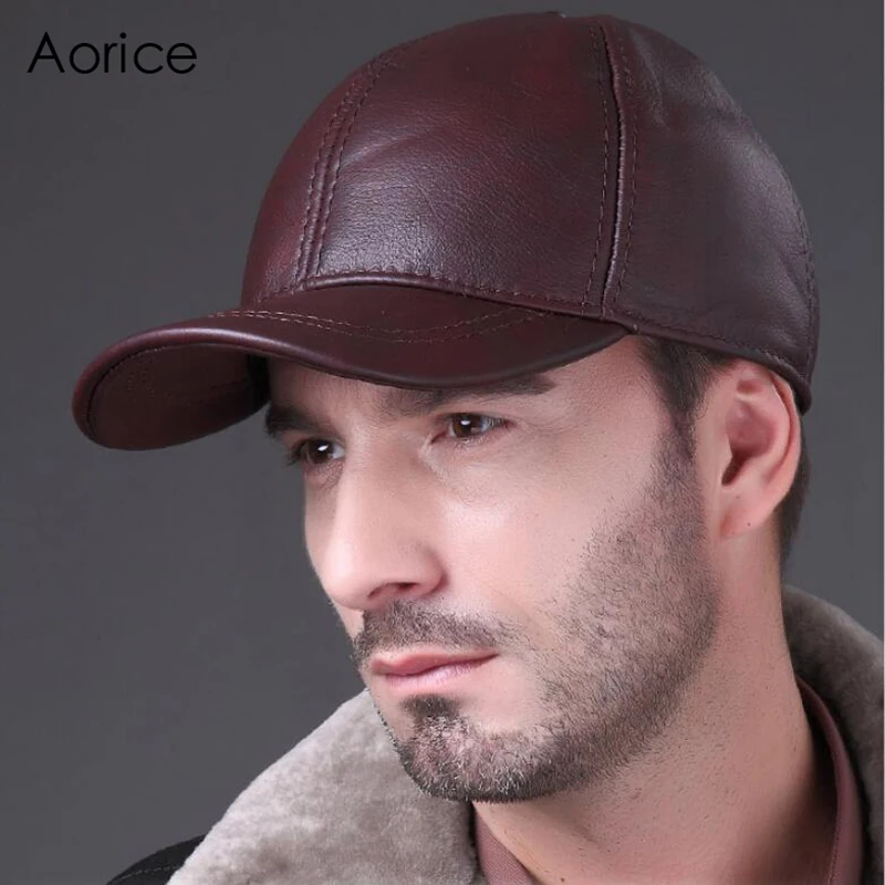 Aorice Men Genuine Leather Cowskin Cap 100% Real Leather Russian Autumn Winter Warm Army Ears Solid Color Fashion Hats HL032