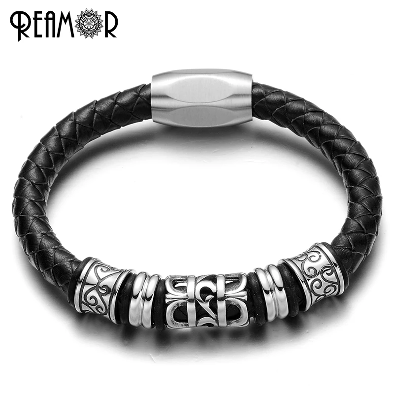 REAMOR 316L Stainless Steel Totem Male Bangles Genuine Leather Rope with Magnet Buckle Combos Bracelets Trendy Men's Jewelry