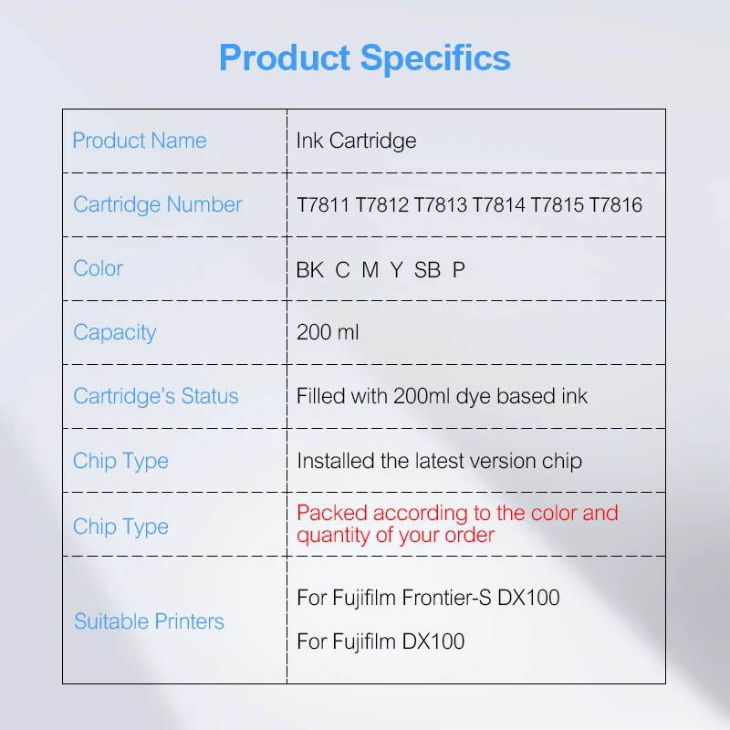 T7811-T7816 Compatible Ink Cartridge Filled With Dye Ink For Fujifilm Frontier-S DX-100 Fuji DX100 200ML/PC (6 Colors Options)