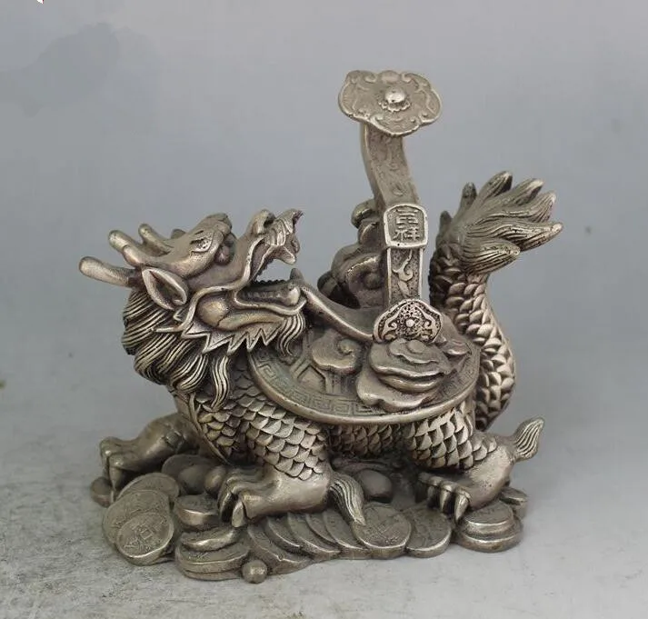 

China collection archaize white copper auspicious dragon turtle statue