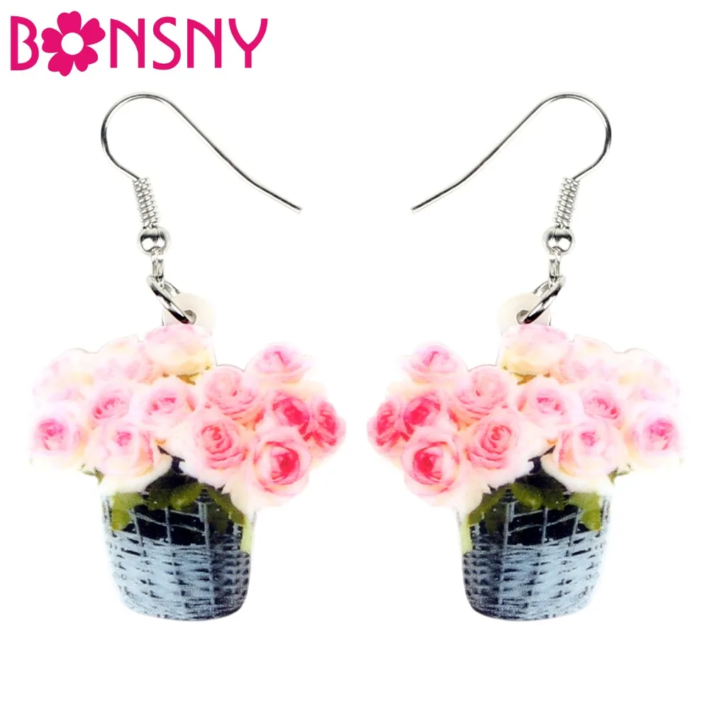 Bonsny Acrylic Pink Rose Bouquet Earrings Drop Dangle Pot Flower Plant Herb Jewelry For Women Girls Teens Spring Summer Charms