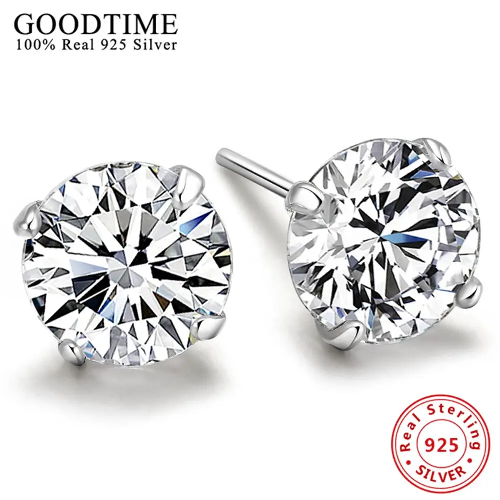 Trendy 100% Real Genuine 925 Sterling Silver Stud Earring Colorful Round Zircon New  Women Jewelry Gifts  3/4/5/6/7/8MM