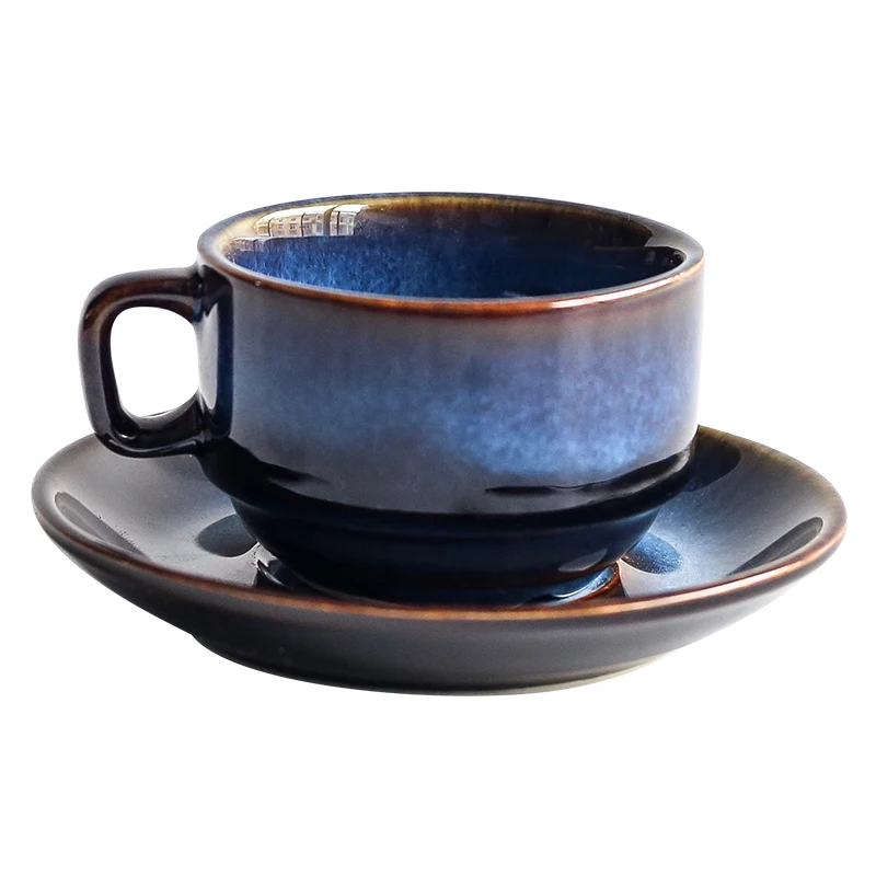 KINGLANG deep blue Ceramic Coffee Cup Saucer Set, breakfast cup, afternoon tea antique blue color Espresso coffee cup